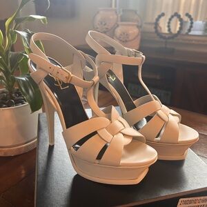 Saint Laurent Tribute Leather 75mm High-Heel Sandals, White, Size 10B/40.  NWT!